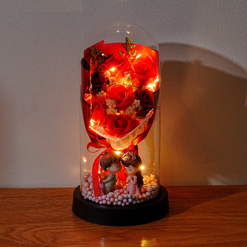 Eternal Rose Flower Bouquet Glass Dome Night Light Decoration Dried Flowers Baby's Breath Valentine's Day Gift for Her