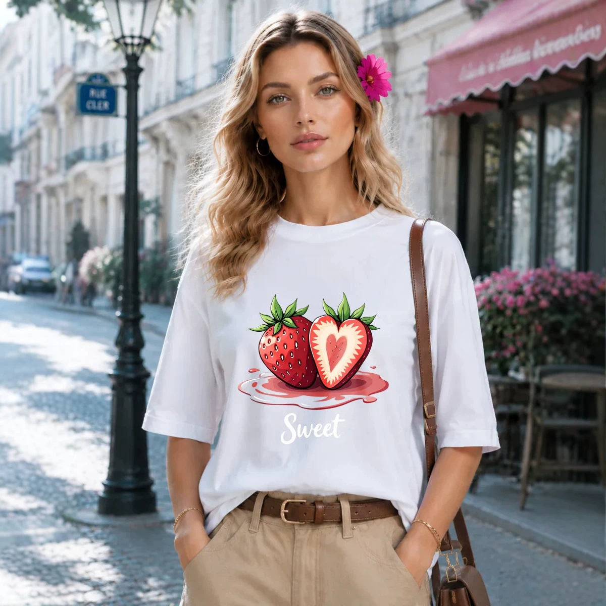 Loose strawberry printed short sleeved t-shirt for women