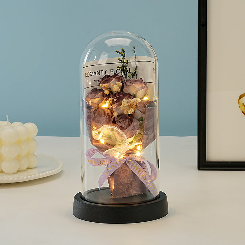 Eternal Rose Flower Bouquet Glass Dome Night Light Decoration Dried Flowers Baby's Breath Valentine's Day Gift for Her