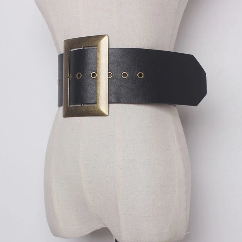 Pu Leather Black Metal Big Buckle Exceed Width Belt Personality Women New Fashion All-match Spring Autumn