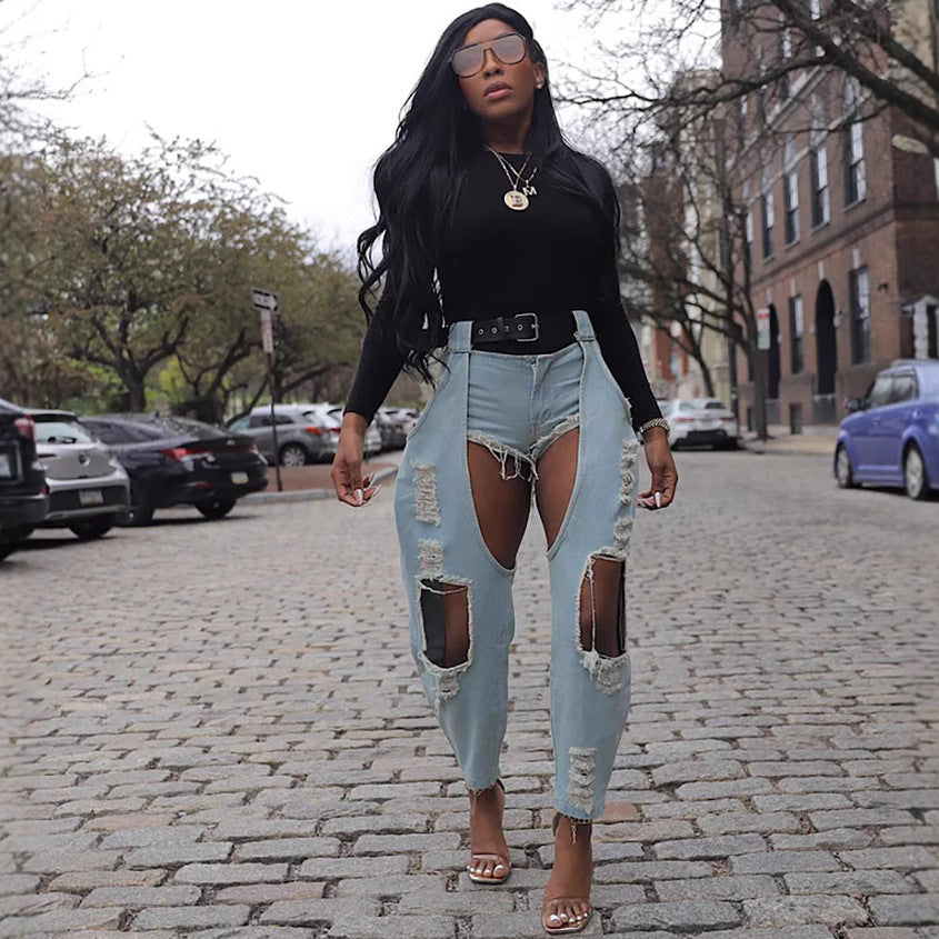 Western Casual Women's Jeans with Distressed Holes and Belt, Street Style Denim Pants