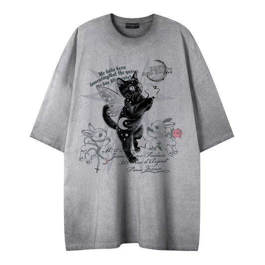 Dreamy black cat print short sleeved shirt