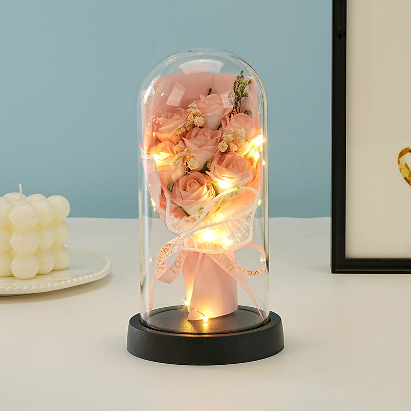 Eternal Rose Flower Bouquet Glass Dome Night Light Decoration Dried Flowers Baby's Breath Valentine's Day Gift for Her