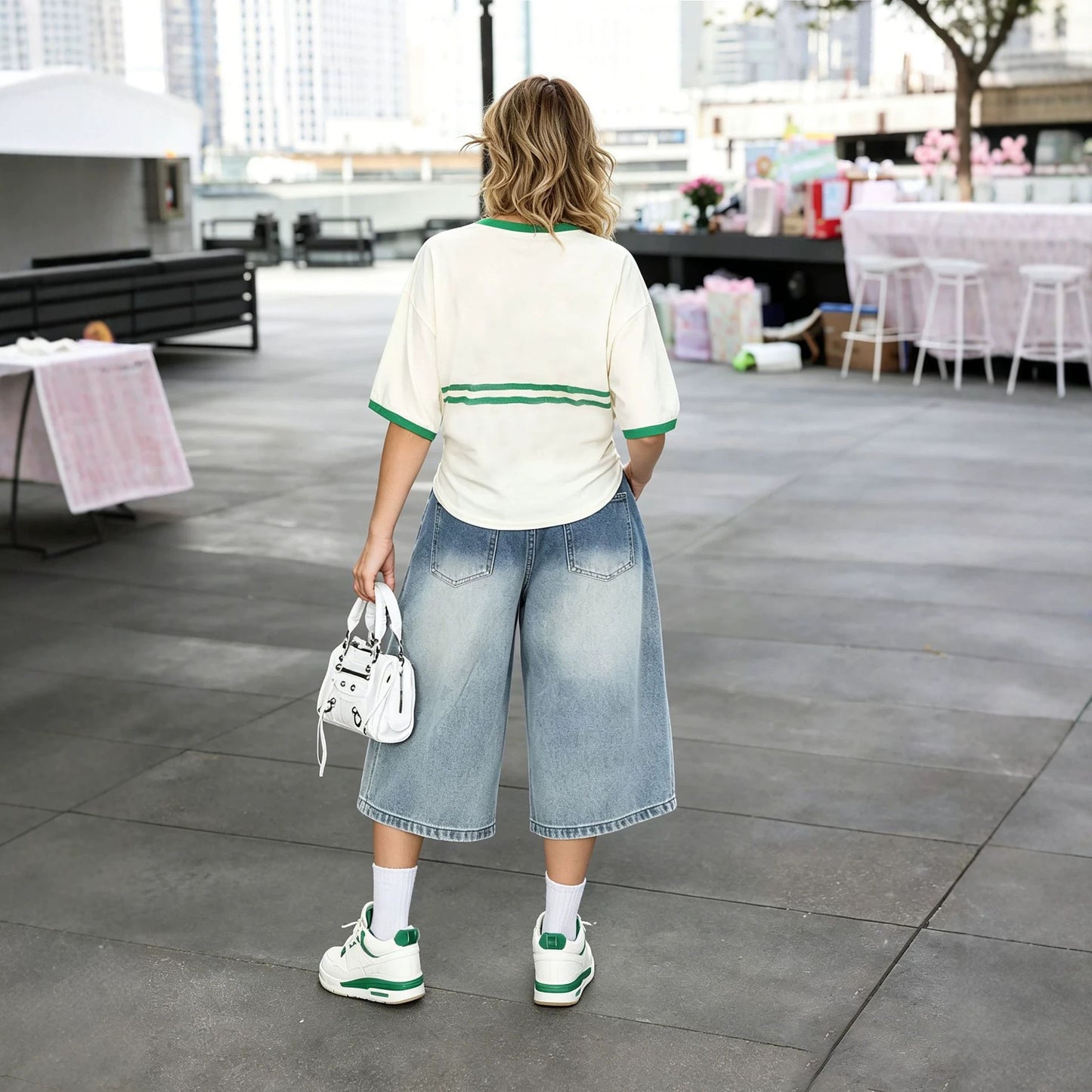 Casual Gradient Washed Crinkled Cat-Whisker Denim Mid-Length Pants