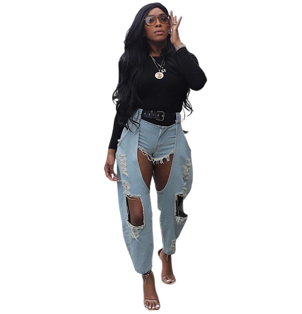 Western Casual Women's Jeans with Distressed Holes and Belt, Street Style Denim Pants