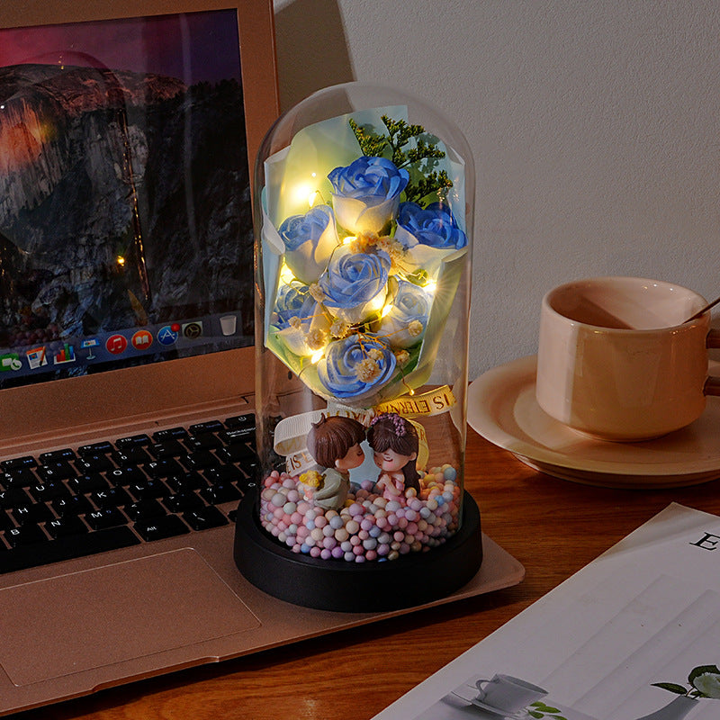 Eternal Rose Flower Bouquet Glass Dome Night Light Decoration Dried Flowers Baby's Breath Valentine's Day Gift for Her