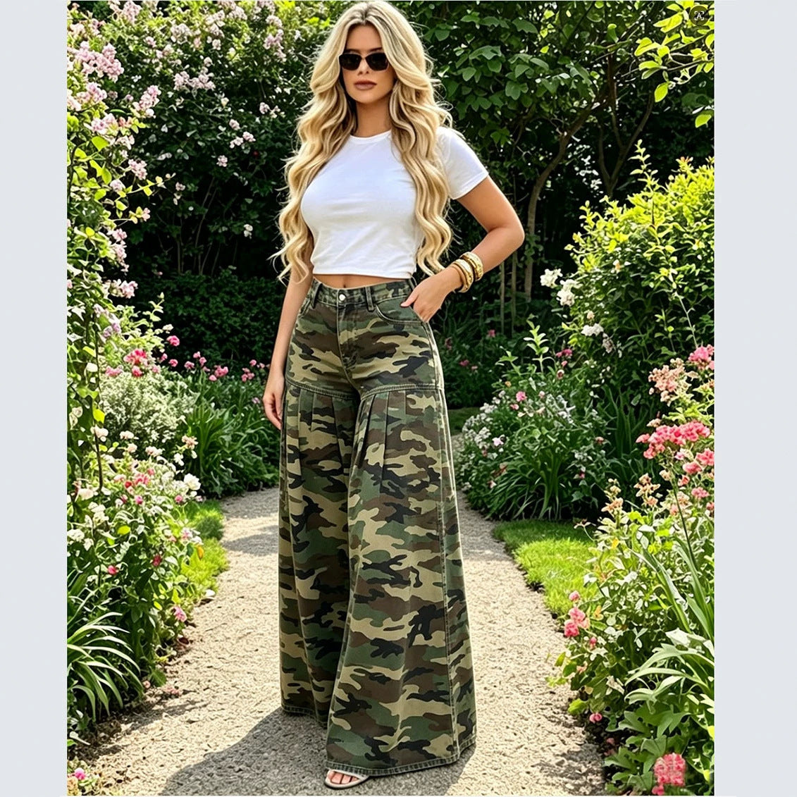 High-Waisted Camouflage Wide-Leg Jeans with Ruffle Pleats Fashionable Casual Pants for Women