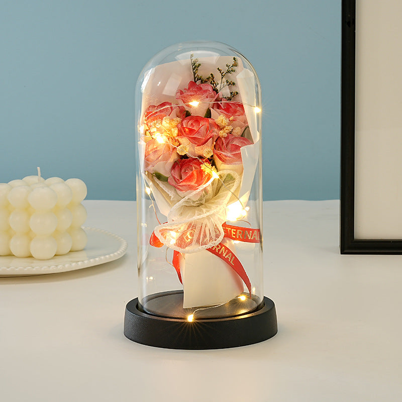 Eternal Rose Flower Bouquet Glass Dome Night Light Decoration Dried Flowers Baby's Breath Valentine's Day Gift for Her