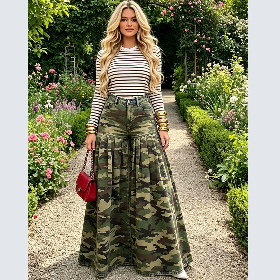 High-Waisted Camouflage Wide-Leg Jeans with Ruffle Pleats Fashionable Casual Pants for Women