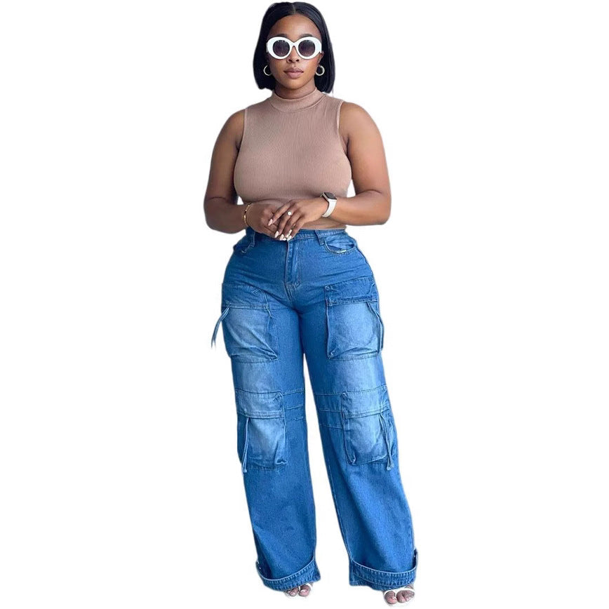 High-Waisted Women's Denim Pants, Fashionable Straight Leg Cargo Casual Trousers