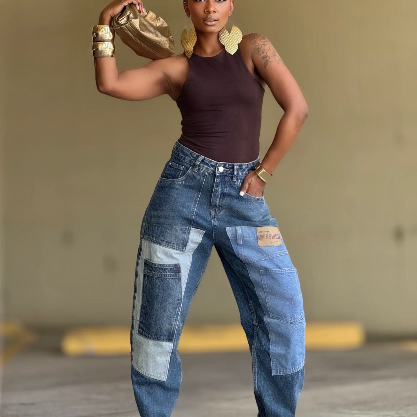 Deconstructed Patchwork Multi-pocket Tapered Jeans