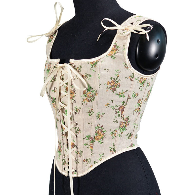8 front strap French yellow rose print retro fishbone corset short tank top Bustier Crop