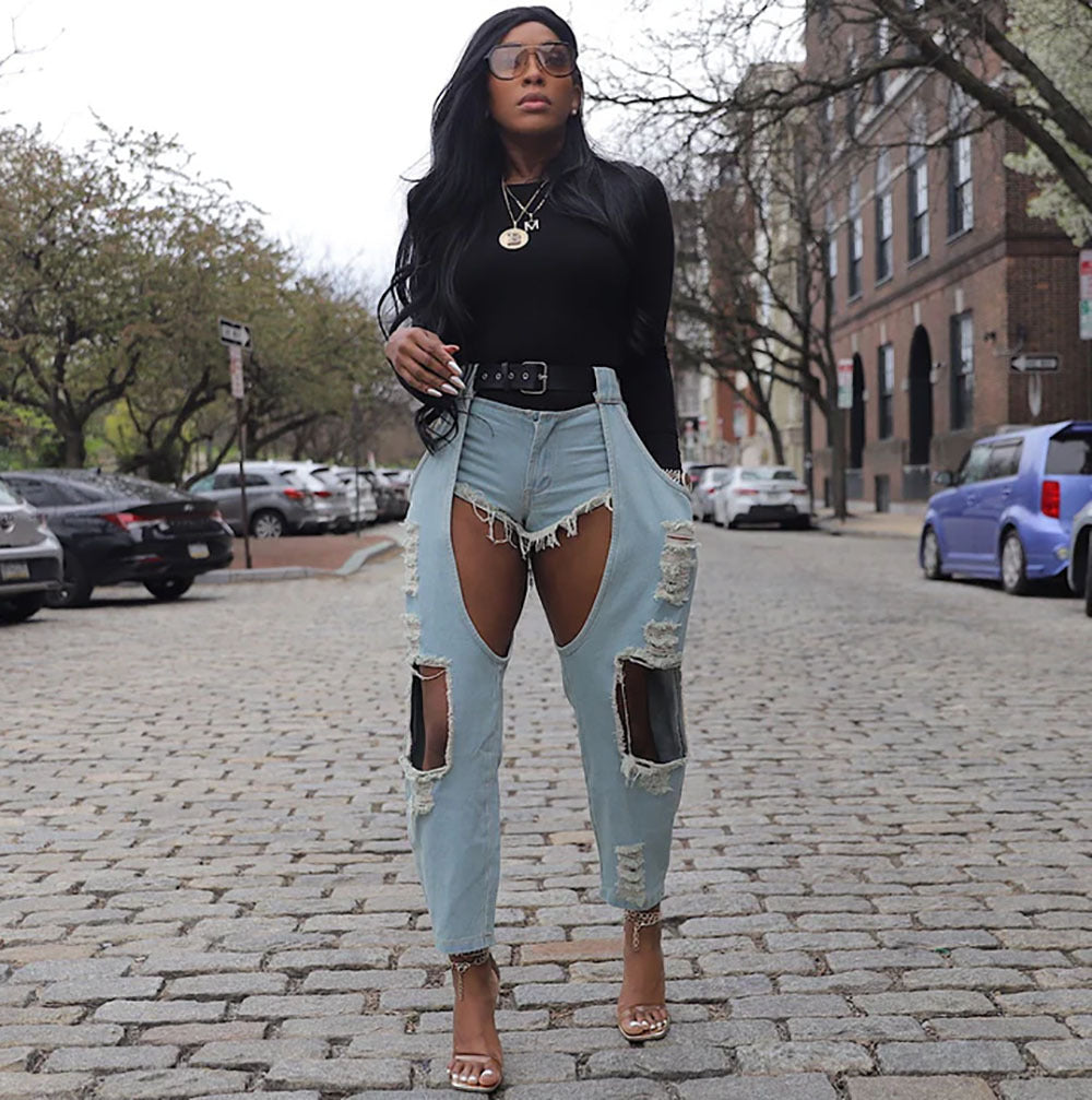 Western Casual Women's Jeans with Distressed Holes and Belt, Street Style Denim Pants