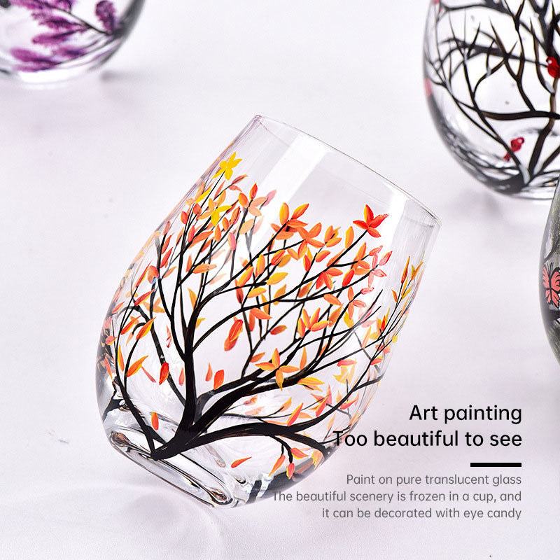 Light luxury ins crystal glass wine glass hand-painted household goblet four seasons painted wine glass