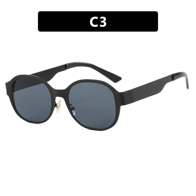 Ins textured metal retro concave shaped street photography sunglasses, trendy women's large frame round face personalized spicy girl sunglasses