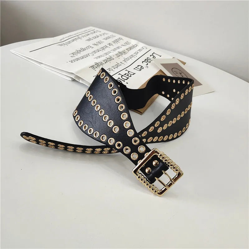 New Fashion Waist Band Women Metal Decoration Alloy Double Pin Buckle Luxury Dress Coat Casual Style PU Leather Belt