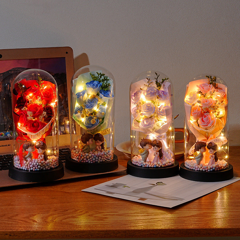 Eternal Rose Flower Bouquet Glass Dome Night Light Decoration Dried Flowers Baby's Breath Valentine's Day Gift for Her