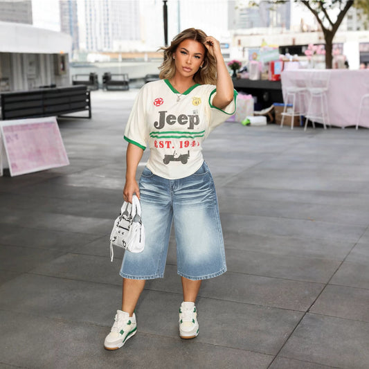 Casual Gradient Washed Crinkled Cat-Whisker Denim Mid-Length Pants