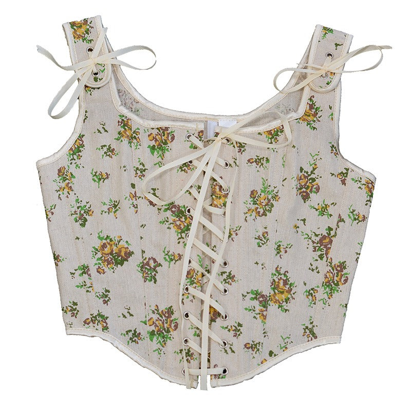 8 front strap French yellow rose print retro fishbone corset short tank top Bustier Crop