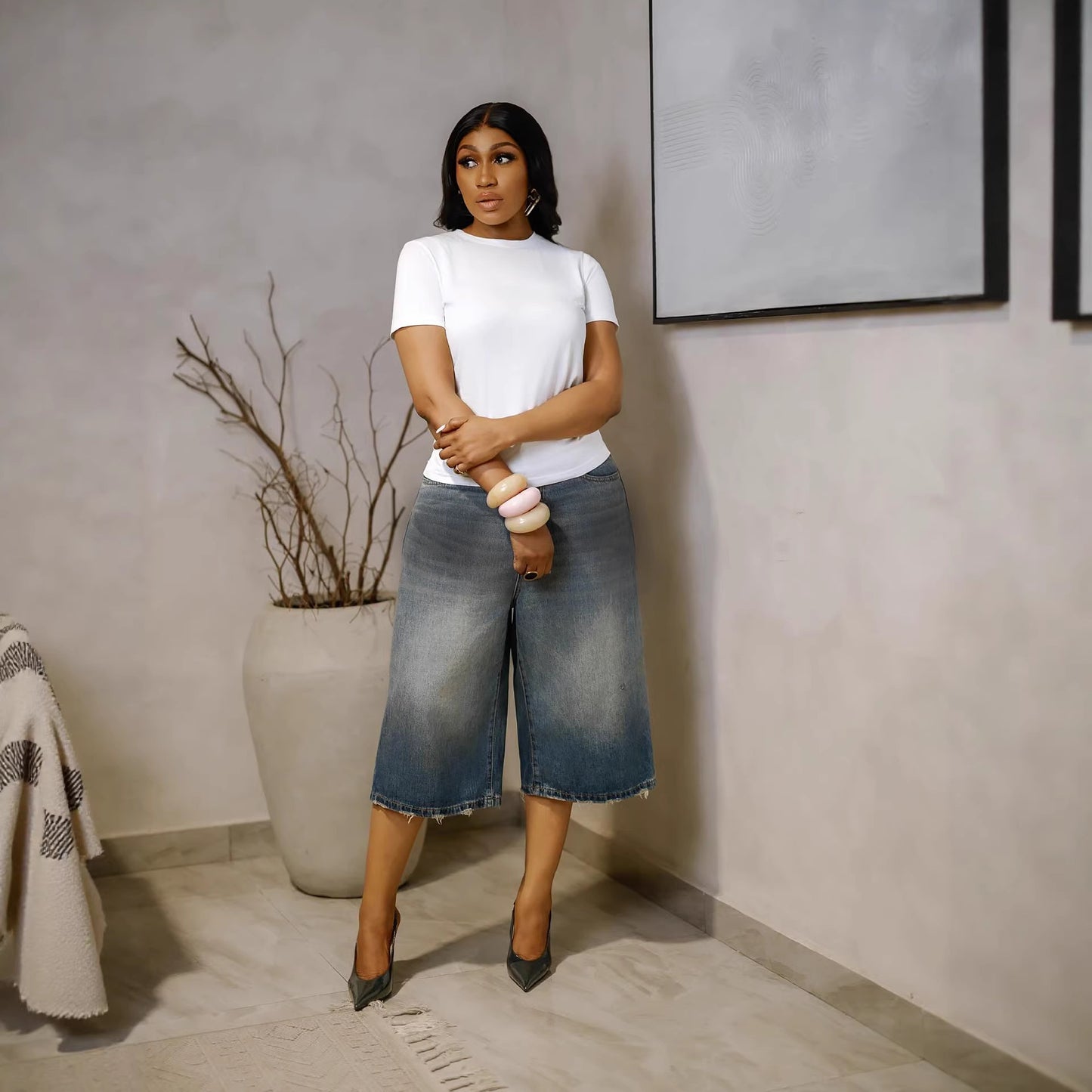 Casual Minimalist Wide-Leg Seven-Quarter Denim Pants
