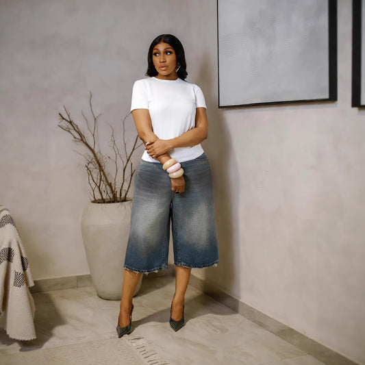 Casual Minimalist Wide-Leg Seven-Quarter Denim Pants