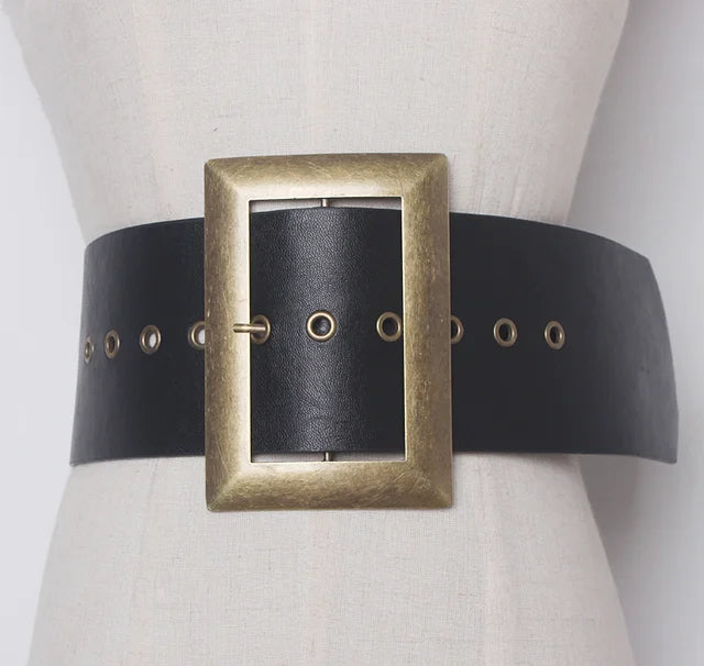 Pu Leather Black Metal Big Buckle Exceed Width Belt Personality Women New Fashion All-match Spring Autumn