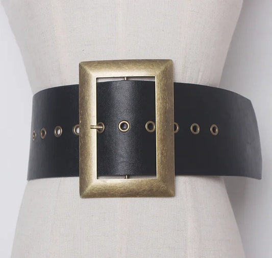 Pu Leather Black Metal Big Buckle Exceed Width Belt Personality Women New Fashion All-match Spring Autumn
