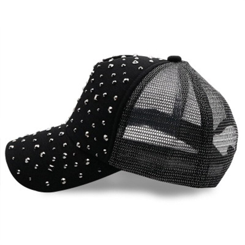 Unisex Streetwear Bone Cotton Rhinestone Breathable Mesh Sun Hat Summer Women Snapback Adjustable Rivet Ponytail Baseball Cap 83
