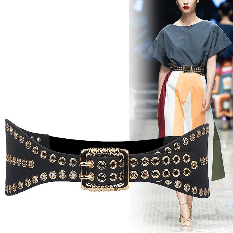 New Fashion Waist Band Women Metal Decoration Alloy Double Pin Buckle Luxury Dress Coat Casual Style PU Leather Belt
