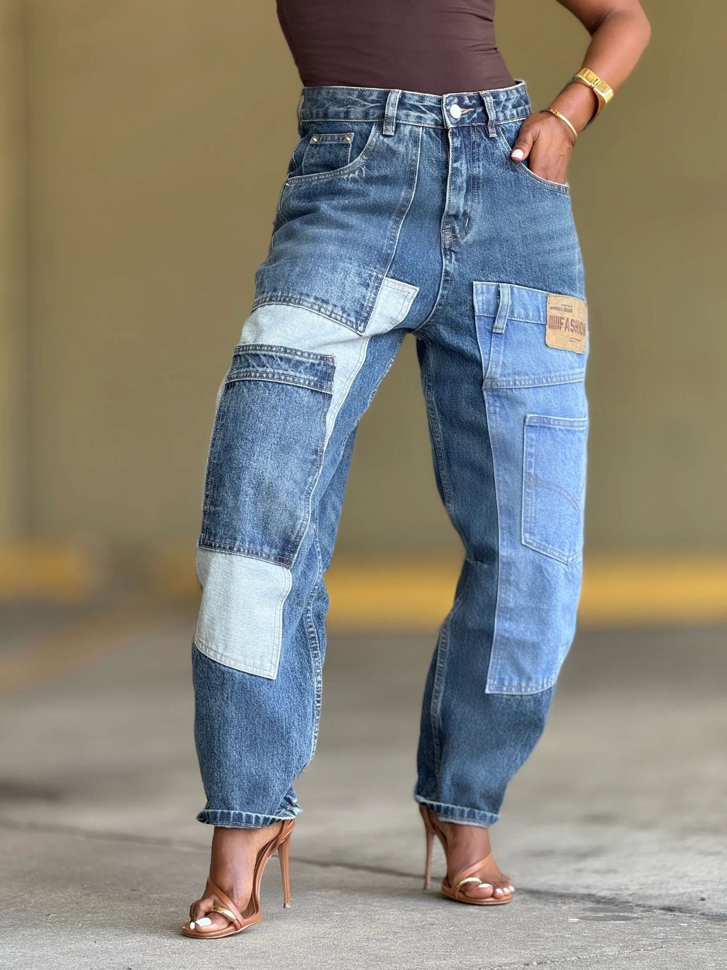 Deconstructed Patchwork Multi-pocket Tapered Jeans