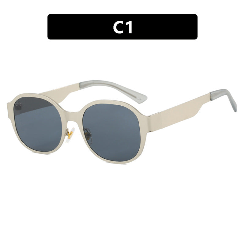 Ins textured metal retro concave shaped street photography sunglasses, trendy women's large frame round face personalized spicy girl sunglasses