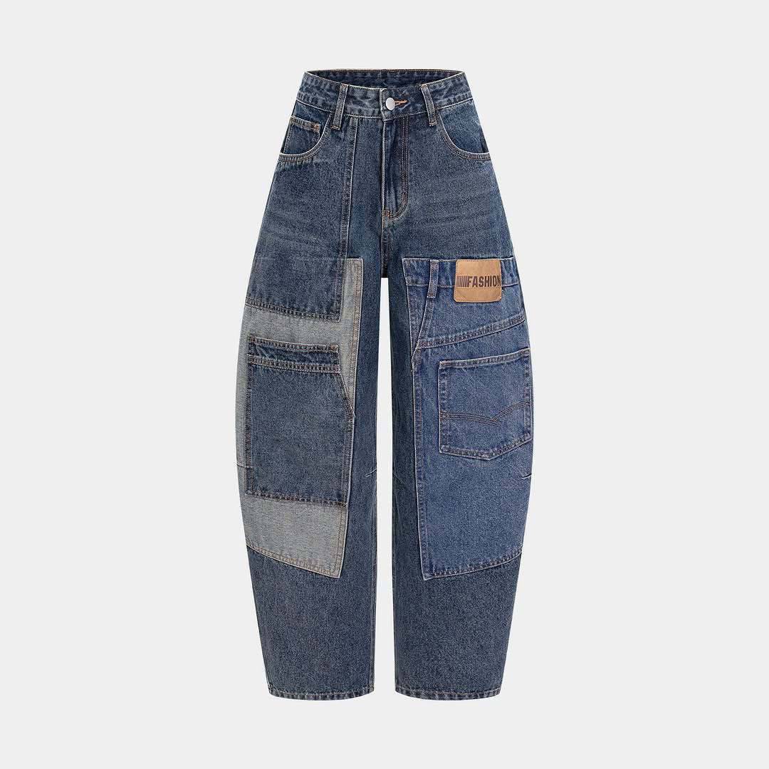 Deconstructed Patchwork Multi-pocket Tapered Jeans