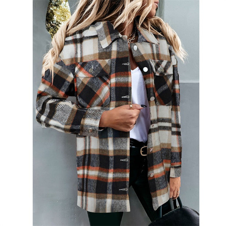 Autumn And Winter European And American Women's New Plaid Woolen Shirt Women's Breasted Casual Shirt Women