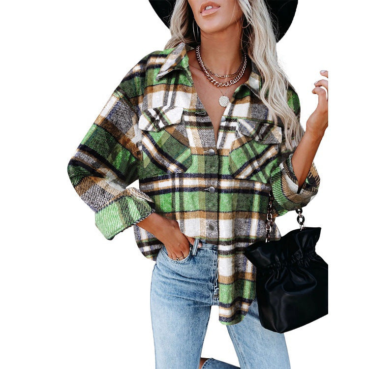 Autumn And Winter European And American Women's New Plaid Woolen Shirt Women's Breasted Casual Shirt Women